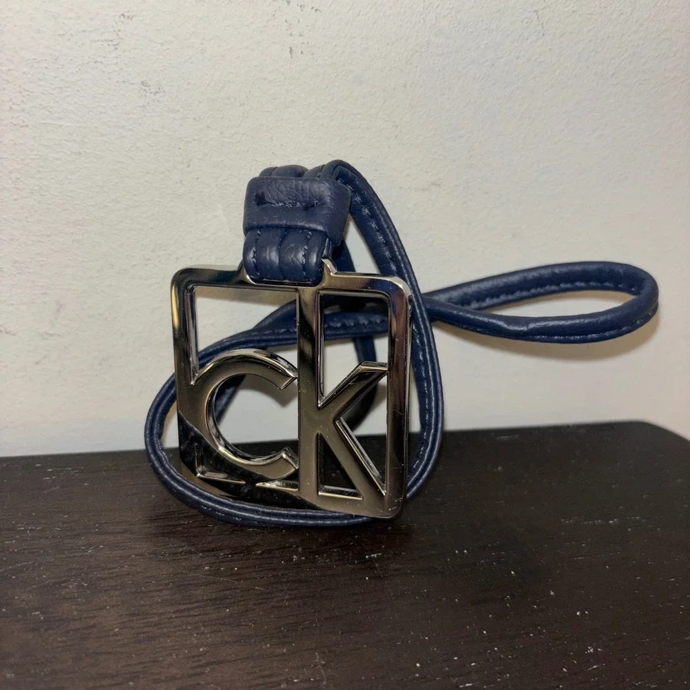 Calvin Klein | CK Logo | Bag Charm | Navy Blue Leather | Silver Square Keychain‎